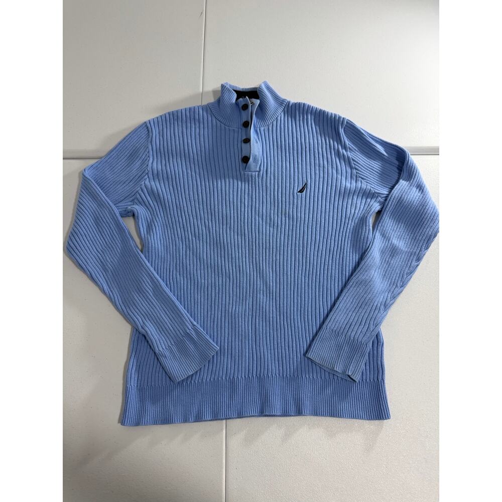 Nautica Mens L Light Blue Ribbed Quarter Snap Pullover Sweater